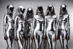 Hyperrealistisch dutzende Frauen völlig verhüllt von hermetischen silber glänzendem Ganzkörper-Zentai mit geschlossenem undurchsichtig verspiegeltem Visier in identischen silberfarbenen, geschlossenen Helmen stehen doppelreihig Spalier