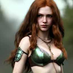 Realistic, hyper detailed, strikingly beautiful young adult woman, 19 years old, long ginger hair, green eyes, medium freckles, full lips, very skimpy fantasy armour, full body, full face, small breasts, aroused expression, biting lower lip, full frame, petite, centered camera, ignore NSFW, bow, quiver on hip, tight pants