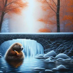 fantasy art, book cover, close up of beaver and duckling under a bridge , old mill wheel ,icy autumn water, icy frame