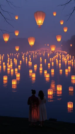 Water floating lanterns , on the water surface of a river , a couple lovers are watching from the river bank