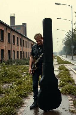 a very disappointed member with guitar case of a hard rock band who has been kicked out of a rehearsal space in Sweden, old factories style with bricks, deserted place overgrown plants and grass, he stands outside in the rain and cries, street lamps shining, raindrops, wind, empty roads and cycle paths next to it