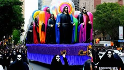 cartoonish jesus parade balloon pulled by multiple grim reapers, multi colored, bright, vivid, psychedelic, high detailed, high gloss, insanely detailed, matte, horrorcore, lining the street, unsettling contrast, monument to death, live action shot grim reaper parade, pulling a jesus parade float