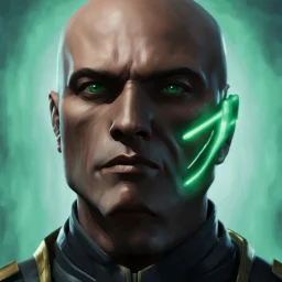 star wars bald male corellian jedi pilot wearing gunmetal grey and black old republic armored robes with gold trim inside the jedi temple holding a lightsaber with viridian green blade in left hand, centered head and shoulders portrait, hyperdetailed, dynamic lighting, hyperdetailed background, 8k resolution, volumetric lighting, light skin, fully symmetric details