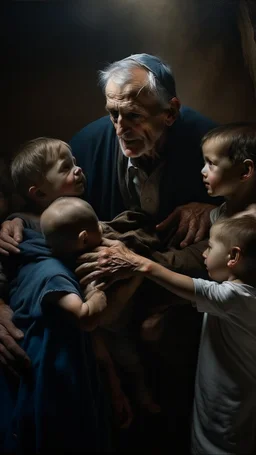 Bosch nightmares paining style Title:a man carrying by hands a sick 4 years old son and the father trying to help him sadly , 8k artistic photography, photorealistic concept art, soft natural volumetric cinematic perfect light, chiaroscuro, award-winning photograph, masterpiece, oil on canvas, Raphael, Caravaggio, Greg Rutkowski, people, beksinski, Giger
