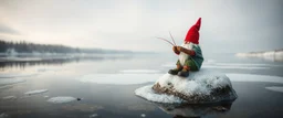 airbrush rendering, close up lobster riding gnome on small frozen island in lake, pinhole cam
