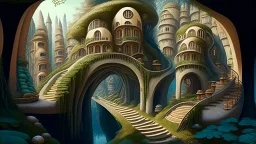 Gigantic mushroom village with balconies, archways, stairs, bridges, bushes, spanish moss, ivy, river, a winding pathway through the middle, in a valley