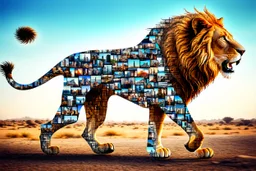 hyperrealistic visual expression of a lion forming from multiple layered scenes depicting various aspects of life. Each segment of the lion's form is a different snapshot of life, ranging from a bustling city street to a serene countryside, from an active underwater world to a tranquil forest scene. This majestic collage of life is seen striding unabashedly across a stark, desolate wilderness, underlining the beauty and vitality of life even amidst a barren landscape.