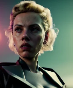 retro sci-fi portrait image from 1990, supermarket parking explosion, fire, scared people, blonde woman walking, young Scarlett Johansson face, tight latex suit, soft color, highly detailed, unreal engine 5, ray tracing, RTX, lumen lighting, ultra detail, volumetric lighting, 3d, finely drawn, high definition, high resolution.