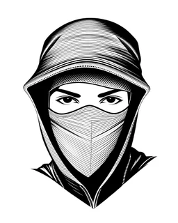 Assassin man face, wearing a face mask, vectorized, white background