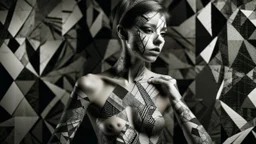 An artistic image depicting a woman against a textured abstract background. The woman's skin is painted with a striking black and white pattern, creating a high-contrast visual effect. The paint is applied unevenly in a Kandinsky-style pattern, covering the entire body. The background is gray with a rough texture, complementing the intensity of the body painting. The overall composition is asymmetrical, emphasizing the artistic and avant-garde nature of the composition.