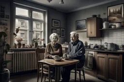 An elderly couple, modern apartment, realism, realistic photography, photojournalism, current and huge real portrait, 16k