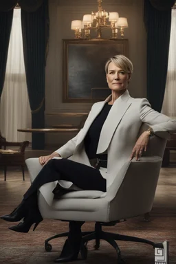 Robin Wright in The House of Cards, reimagined by industrial light and magic, sitting in the chair, final season, movie poster