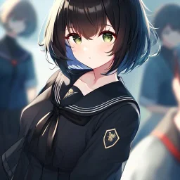 Clear focus, High resolution, fluffy black short hair, dark green eyes, wearing a black sailor uniform and pleated black skirt, fluffy hair, detailed outfit