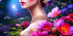 bright fairy, beautiful portrait, flowery landscape