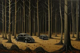 Black woods with beetles painted by John Brack