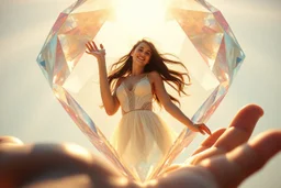 closeup, inside of a huge diamond a beautiful brunette woman dancing happily and dynamically, the diamond is in the opened palm of God, S<AI in sunshine, ethereal, cinematic postprocessing, shiny metallic pastel watercolor