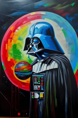 Multi coloured Darth Vader and Death Star oil painting