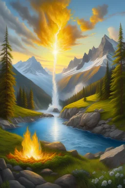 Water, air, light fire, earth, Real swiss mountain landscape, Joy happiness, hyper real,