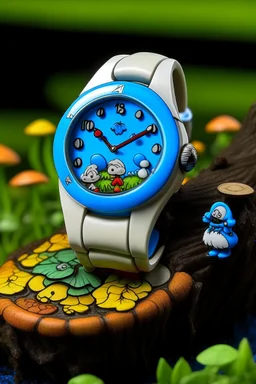 "Design a Smurf Watch that takes inspiration from the natural world of the Smurfs, with a wooden watch face featuring forest motifs, mushrooms, and tiny critters."