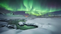 A breathtaking view of the Northern Lights shimmering over a snowy Icelandic landscape