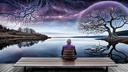 back to the camera on unique amorphe bench a non bynare human figure sitting, a beautiful landscape and overlooking the water of the nearby lake, calm, harmonious atmosphere, muted dark colors, purple, white, gray, brown, silver, blue, pale colors, , not too colorful colors, Whimsical style and giant stunning neuron network all over the sky surreal stunning vibe