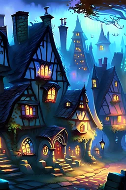 Fantasy village with cobblestone houses with stained glass windows. It's misty and looks cheerful but mysterious.