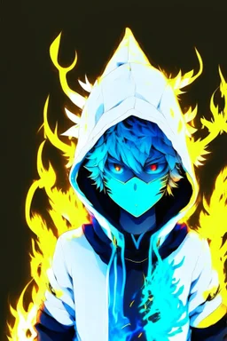 An anime boy who is a devil and wears a white and black hoodie with streaks of blue and light yellow colors, as well as an electronic and neon mask that only covers the front of his mouth with yellow and light blue colors, his eyes are yellow and That one is blue and they are neon, his back is surrounded by fire, and the fire is a combination of blue and yellow colors