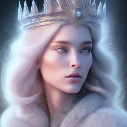 portrait of gorgeous, stunning, ice queen goddess with a large wolf, intricate crystal ice crown, large wolf, 8k resolution, high-quality, fine-detail, ornate, digital art, detailed matte, volumetric lighting, brian froud, howard lyon, selina french, annie stokes, lisa parker, greg rutowski,