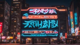 a billboard branded writing Odk Tokusentai , with neon light, in the city center, at night . in Montréal