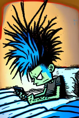 2d drawing of a stickman, laying in bed, cool with punk hair, just woke up, cellphone in hand ,3d realistic in colour