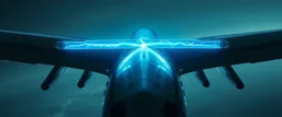 A futuristic airplane seen from the side. A glowing transparent lightning tube is mounted horizontally across the rear of the aircraft, perpendicular to the fuselage, like a crosswise energy reactor. Blue-white lightning inside the tube. Cinematic, realistic, industrial sci-fi.