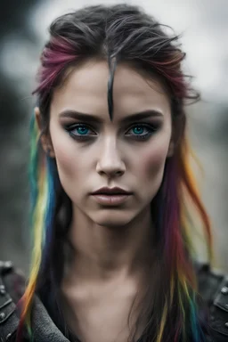 Photoreal gorgeous shot of beautiful girl with multi-colored eyes, warrior, strong, sad, resilient, vivid vertical rainbow on left side only forehead from hairline to eyebrow, long black tears below both eyes, full body, forgotten realms fantasy style by lee jeffries, otherworldly creature, in the style of fantasy movies, shot on Hasselblad h6d-400c, zeiss prime lens, bokeh like f/0.8, tilt-shift lens, 8k, high detail, smooth render, unreal engine 5, cinema 4d, HDR, dust effect, vivid color