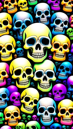 a field of 1000s of cartoonish, anatomically correct, skulls, vivid RANDOM BRIGHT neon colors, dark comedy, well lit, high detail, photorealistic, horrorcore, fun, scary, none featured, each a different color or hue,