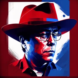 Gustavo Petro, comic style artwork, dark red and blue, wearing a wide-brimmed hat, wearing a white shirt, serious and thoughtful