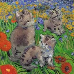 Portrait of kittens in a flower garden by Van Gogh