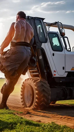 close up photography of a 50-year-old Italian man , burly chubby sweat, maneuvers a large excavator in the sun, shirtless and white boxer, big legs, big belly, goatee, ambient occlusion, frontal view, 4k,