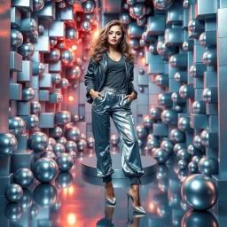 make a picture pretty stage made of metallic cyan-gray teme 3d fractal recursive cubic and sphere base structures and a beautiful fashion model lady posing with cute,with baggy style pants with a tight shirt and jacket,silver high heels ,makeup curvy long hair,dynamic camera zoom to full body and pan, dynamic lights.