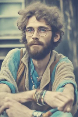 Hippie bohemian young man with Parisian bohemian look and glasses of colours and poor and short short short and poor hair on the head with receding hairline. Farsightedness glasses with big eyes. Long beard. Vintage look and feel like photo styleof the 70s