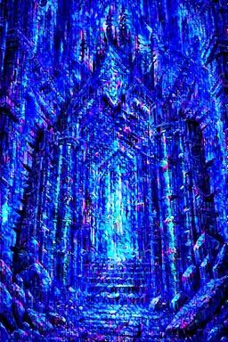 Glowing spiked iron entrance to a scary scifi blue mine at night fantasy rpg painterly art