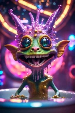 portrait of ultimate transcendent happy disco helmet wested pimp kobold alien frown with spotlights and huge dripping forked tounge sticking head out of a bathtub portal, in front of space portal dimensional glittering device, bokeh like f/0.8, tilt-shift lens 8k, high detail, smooth render, down-light, unreal engine, prize winning