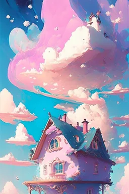 A whimsical dwelling delicately constructed entirely of real clouds evocative of a dreamy landscape floating somewhere between heaven and earth, Dreamy, Pastel colors, Vibrant lighting, Highly detailed, Digital painting, Artstation, Concept art, Magical, Sparkling, Enchanting, art by victoria skitt, pascal campion, Loish, Trending on deviantart.