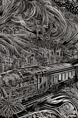 Insanely detailed intricately detailed meticulously detailed hyperdetailed black outline of a train on gold paper, high contrast, beautiful landscape, detailed full-color, nature, HD photography, Josan Gonzalez, Tishk Barzanji, Anne Dittmann, autoCAD