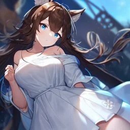 Clear focus, High resolution, Long fluffy brown hair, blue eyes, wearing a white skirt, detailed outfit, wearing a jacket oversized off shoulder, rough line, hair above ears, off shoulder white shirt, chopped bangs, parted hair, medium locks straight