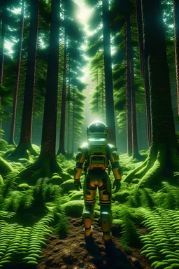 An astronaut standing In a magical forest, unreal Engine 5