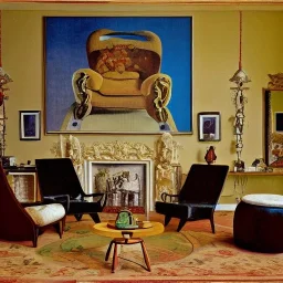 A living room with armchair and fancy stools. Salvador Dali style