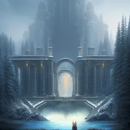 fantasy art, book cover, upper body of big mad wizard in front of the ebony stairs of a bridge or dam ,icy water, on the bridge is a wolf, there is also a hawk and everything is seen from the tree tops