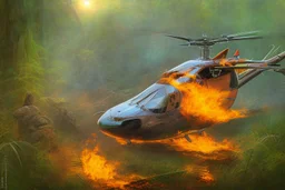 burning helicopter in jungle the jaguar is watching on fire