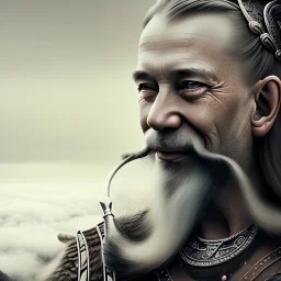 Viking theme, a younger woman sitting next to a 50-year-old man, portrait, 8K, close-up face, anatomically perfect face, Highly detailed stunning full frame portrait, misty and cloudy atmosphere