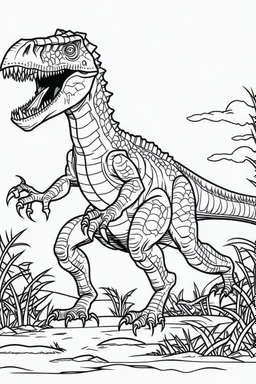 create a coloring page, white background Show a T-Rex patrolling the edge of its territory, marking the boundary with its scent and warning intruders to stay away ink drawing clipart, simple line illustrations, colored