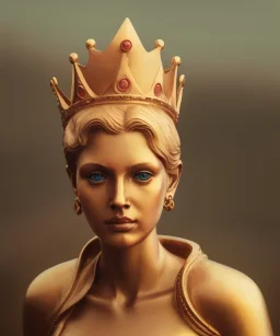 Statue of Queen of photography. Cute blonde woman. Photographer in golden crown. Standing on the street. Big camera in her hand. hyperdetailed, photorealistic, trending on artstation, greg rutkowski, beksinski, kodachrome